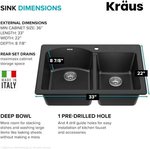 Miniatura 4 de Kraus Forteza - Fregadero de cocina de doble seno 50/50 de granito de instalación empotrada/sobre encimera, 33 pulgadas, color negro (KGD-52BLACK)