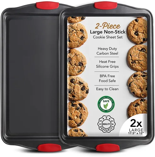 Miniatura 14 de Juego de bandejas para hornear, juego de bandejas para galletas de 2 piezas con asas de silicona, bandeja de acero para hornear, bandejas