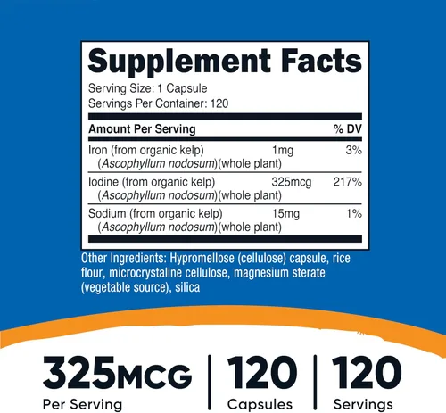 Miniatura 2 de Nutricost Yodo (yodo natural de algas marinas orgánicas) 325 mcg, 120 cápsulas, vegetariano, sin OMG y sin gluten