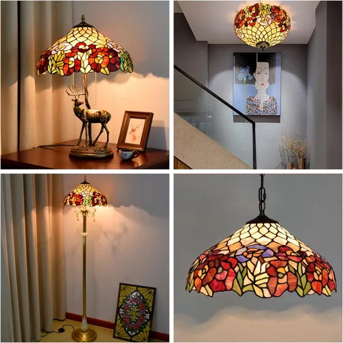 Miniatura 4 de Reemplazo de pantalla de lámpara de 16 pulgadas, solo chimenea de lámpara de vitral Tiffany, diseño de hojas verdes, azul rosa, rojo, para lámpara