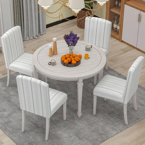 Miniatura 16 de Juego de mesa de comedor redonda clásica de 5 piezas con patas de forma especial y respaldo hueco para silla, para comedor, cocina, apartamento