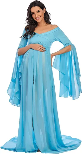 Miniatura 3 de ZIUMUDY Vestido largo de gasa de maternidad con hombros descubiertos para sesión de fotos, mangas acampanadas, vestido dividido para fotografía