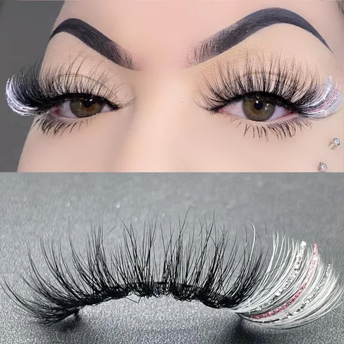 Miniatura 17 de Pestañas postizas negras y rosas con purpurina de color, 1 par de pestañas para mujer, pestañas postizas con reflejos en el extremo, tira