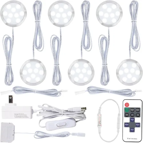 Curio - Kit de luz para gabinete de exhibición, pequeñas luces LED redondas debajo del mostrador, adaptador de enchufe de pared de EE. UU. de 120 6