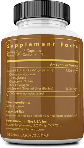 Miniatura 2 de Ancestral Supplements Suplemento de Cartílago Traqueal de Res Alimentada con Pasto con Hígado, 3000mg, Suplemento de Salud Inmune y Soporte