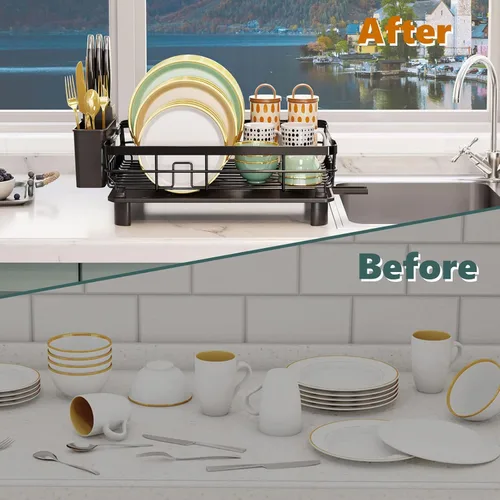 Miniatura 6 de AIDERLY Escurridor de platos de hierro con bandeja de goteo, escurreplatos para encimera de cocina, boquilla extensible con coladores