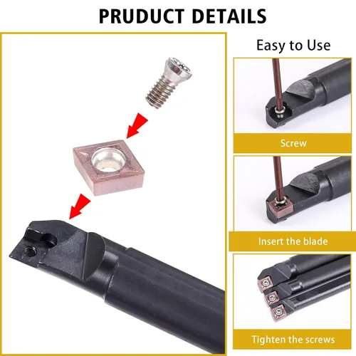 Miniatura 4 de VerRich Kit de herramientas de torneado de torno indexable, 3 barras de taladrado de torno S07K/S10K/S12M-SCLCR06 y 10 piezas de insertos de carburo