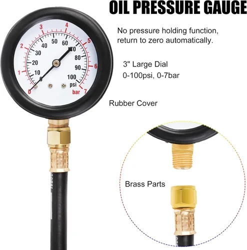 Miniatura 4 de JIFETOR Kit de probador de presión de aceite, prueba de diagnóstico profesional del motor, herramienta de medidor de presión de 100 PSI