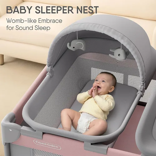 Miniatura 3 de Obee Odee Moisés para bebé 4 en 1 con corral, nido para dormir, cambiador, mosquitera y toldo, almacenamiento y juguetes para recién nacidos a niños