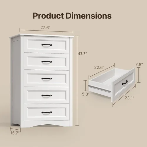Miniatura 2 de Gizoon - Cómoda de 5 cajones, cómoda de madera blanca para dormitorio, gabinete de almacenamiento de gran capacidad de 43.3" con dispositivo