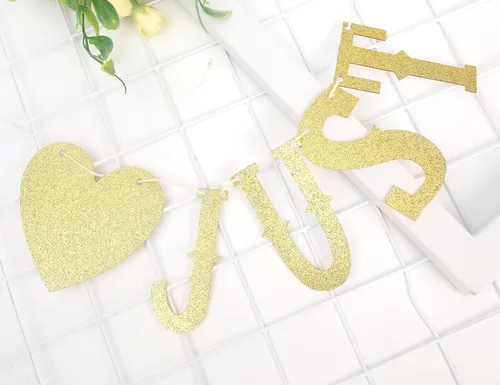 Miniatura 5 de Banner dorado con purpurina de recién casado – Cartel de boda DIY Just Married – Cartel Just Married para decoración de despedida de soltera