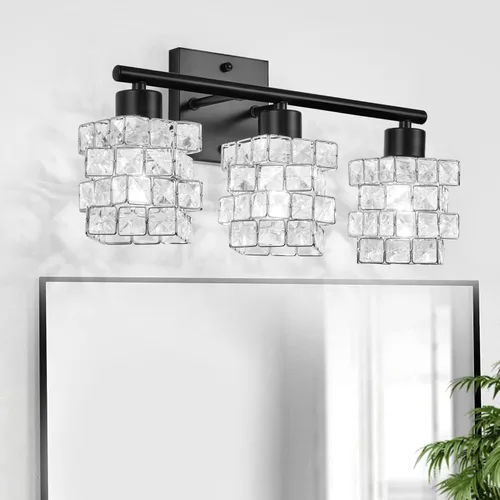 Lámpara de tocador de baño de 3 luces, lámpara de cristal sobre el espejo, negro mate y luces de pared interiores giratorias de cristal | Pantalla