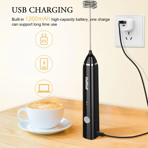 Miniatura 3 de Dallfoll - Espumador manual, recargable por USB, eléctrico, espuma para café, 2 velocidades, para mezclar bebidas, 2 batidores, para café capuchino