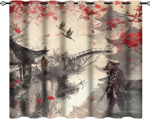 Miniatura 10 de Cortinas opacas abstractas japonesas samuráis para dormitorio, caballo samurái rústico, rojo, ojal, aislamiento térmico, cortinas de oscurecimiento
