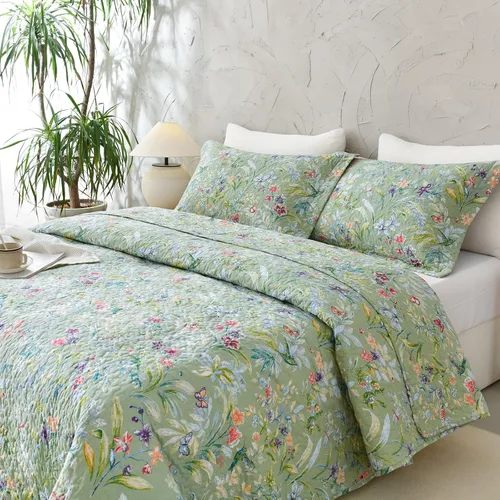 Miniatura 7 de Sanracie Edredón extragrande tamaño King (120"x120"), juego de edredón 100% algodón con estampado floral verde de 3 piezas, edredón suave y ligero