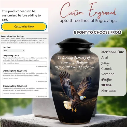 Miniatura 3 de Personalized Custom American Eagle Urn Set of 6 - Hand-Engraved Black Eagle Urns for Human Ashes Adult Female & Male, Includes 1 Large Adult Urn