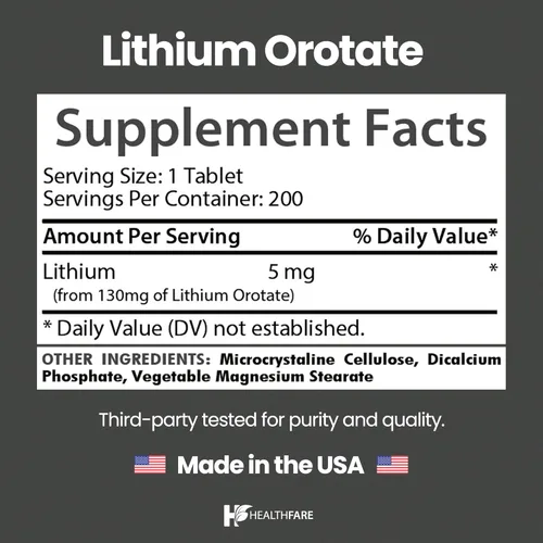 Miniatura 3 de HealthFare Orotato de litio de 5 mg 200 tabletas Suplemento mineral traza Vegetariano, sin OMG, sin gluten Fabricado en los Estados Unidos