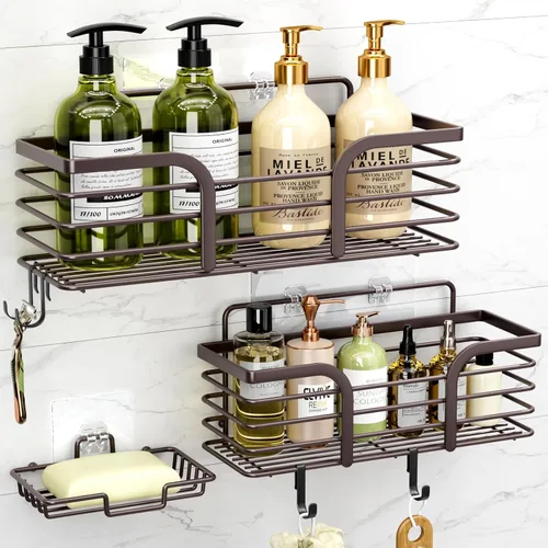 Miniatura 11 de Yougai Organizador de ducha con soporte para jabón y ganchos, estantes de ducha inoxidables, organizadores de baño sin perforaciones y Negro