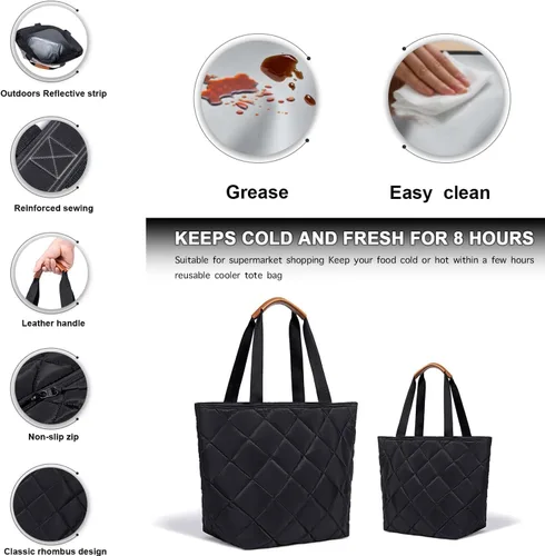 Miniatura 4 de Insulated Cooler Bag Reusable Grocery Tote Bags Transport Large Lunch Box for Women Negro satinado