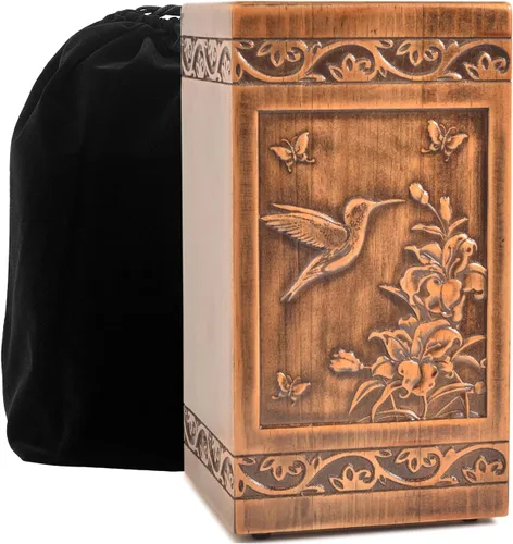 Urna grabada de madera hecha a mano para cenizas humanas, 250 libras, bolsa de satén masculina y femenina, caja de urnas de cremación de colibrí