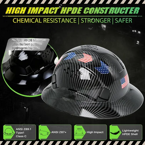 Miniatura 2 de Casco duro de ala completa con patrón de fibra de carbono con visera, casco de seguridad de construcción aprobado por la OSHA para hombres