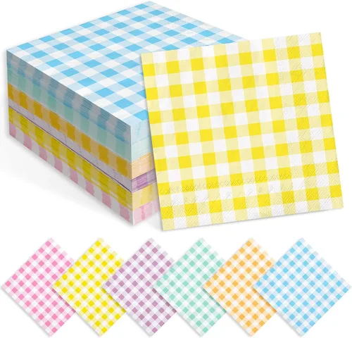 Whaline 60 servilletas de cóctel de primavera y Pascua, 6 colores pastel, servilletas de papel a cuadros desechables para baby shower, picnic,
