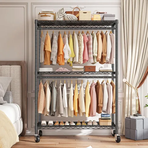 Miniatura 2 de Raybee Perchero de ropa de 45 pulgadas de ancho para colgar ropa, perchero con ruedas y pies ajustables, carga máxima de 440 libras, color negro