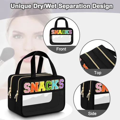 Miniatura 4 de Bolsa de Maquillaje Transparente con Letras de Chenilla, Bolsa de Cosméticos Preppy Transparente, Bolsas de Snacks Transparentes con Cremallera