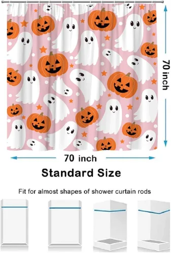 Miniatura 6 de Bonita cortina de ducha fantasma de Halloween, calabaza espeluznante, divertida tela de dibujos animados para decoración de baño, bañera con ganchos