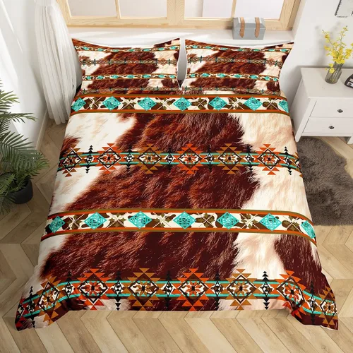 Miniatura 24 de Erosebridal Funda de edredón de piel de vaca marrón con estampado de vaca de las tierras altas, juego de ropa de cama occidental exótico azteca