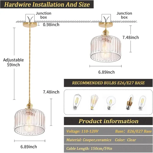 Miniatura 6 de Shenmoyl Paquete de 2 lámparas colgantes con pantalla de vidrio transparente a rayas, luz colgante vintage de latón, luz colgante ajustable