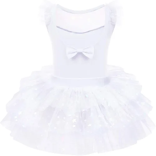 Miniatura 2 de IDOPIP Leotardo con falda de tutú de estrella con purpurina para niñas, manga con volantes, vestido de bailarina, traje de gimnasia