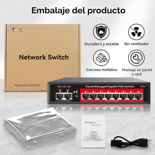 Miniatura 9 de Conmutador PoE Gigabit de 8 puertos con 2 enlaces ascendentes Gigabit, compatible con 802.3af/at, 120W de potencia incorporada, conmutador PoE+