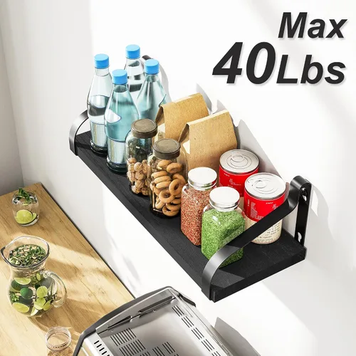 Miniatura 6 de Love-KANKEI Estantes flotantes montados en la pared de madera rústica, juego de 3 estantes para dormitorio, sala de estar, baño, cocina, color negro