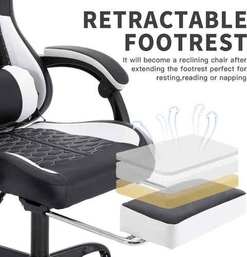 Miniatura 7 de Silla ergonómica para juegos estilo carreras, silla de jugador de respaldo alto con reposapiés, lumbar ajustable, masaje, reposabrazos de enlace