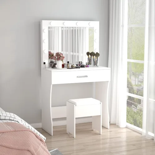 Miniatura 9 de Vabches Tocador de maquillaje con luces, Mesa tocador de maquillaje, Brillo ajustable, Cajón grande tocador resistente para dormitorio estudio