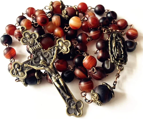 elegantmedical HECHO A MANO Detalles sobre Cuentas de cornalina natural Caja de Rosario Católico Vintage Collar de cruz de Jesús para oración,