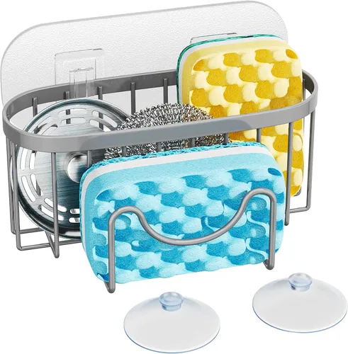 Miniatura 18 de HapiRm Organizador de esponja multifuncional con forma única en M, 2 métodos de instalación, organizador de fregadero de cocina, organizador