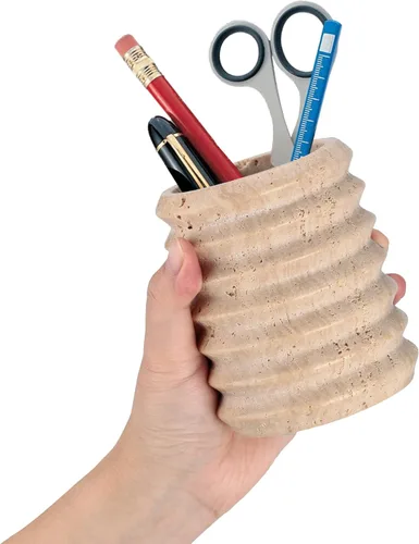 Miniatura 5 de Soporte para bolígrafos para escritorio, piedra de travertino natural, soporte para brochas de maquillaje, vaso moderno y funcional para lápices