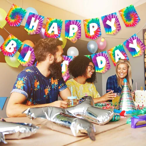 Miniatura 4 de Tenare 15 banderines de teñido anudado para fiesta de feliz cumpleaños, banderín y temática hippie de los años 60, decoración de remolinos