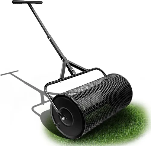 Esparcidor de compost de 24 pulgadas para césped, jardín, patio, mango en forma de T, musgo, duradero, ligero, siembra (D12.5 pulgadas, negro)