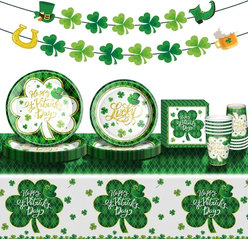Juego de vajilla para fiesta del Día de San Patricio, vajilla temática irlandesa con platos de papel de trébol de la suerte, servilletas, vasos,