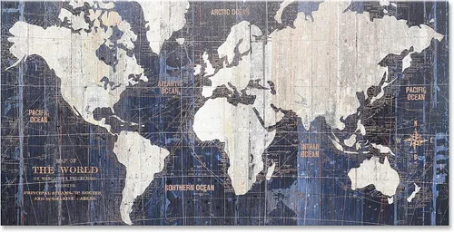 Arte de pared de mapa del mundo antiguo, decoración del hogar, lienzo azul, imagen grande de 40 x 20 pulgadas, aspecto vintage, estilo antiguo, obra