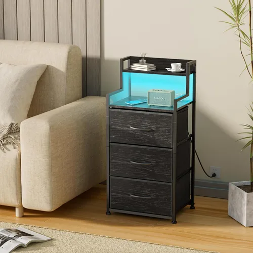 Miniatura 2 de Mesita de noche alta con luz y estación de carga, mesita de noche con 3 cajones de tela y estante de almacenamiento, mesitas de noche con puertos