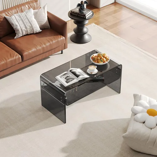 Miniatura 6 de Mesa auxiliar acrílica, mesa auxiliar moderna rectangular negra, mesa de té con almacenamiento abierto, adecuada para sala de estar, recepción
