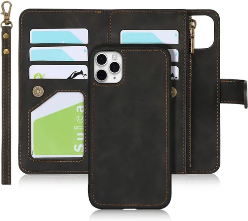 iCoverCase Funda tipo cartera para iPhone 11 Pro con tarjetero y correa para la muñeca, de piel sintética, ranuras para tarjetas, bolsillo con