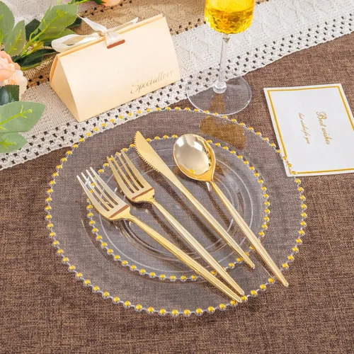 Miniatura 4 de LIYH - 150 platos de plástico transparente y dorado, elegante juego de vajilla desechable de plástico dorado que incluye platos de cena y postre