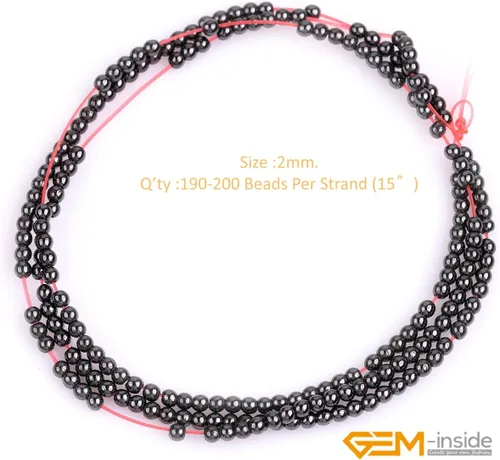 Miniatura 2 de GEM-Inside - Cuentas redondas sueltas de hematita negra natural de 0.079 pulgadas para hacer joyas, 15 pulgadas