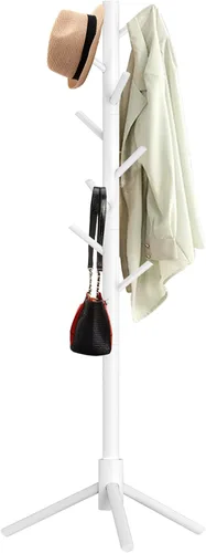 Aliphon Perchero de madera, perchero independiente con 8 ganchos, árbol de abrigos de 3 tamaños ajustables para sombreros, abrigos, bufandas y Blanco