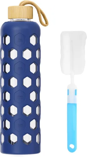 Miniatura 9 de Botella de agua de vidrio de 32 onzas con tapa de bambú, botellas reutilizables transparentes con funda de silicona y marcador de tiempo, vaso